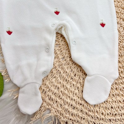  Macacão Tricotil (Tricot 100% Algodão) com Gola e Bordado - Off White Morangos